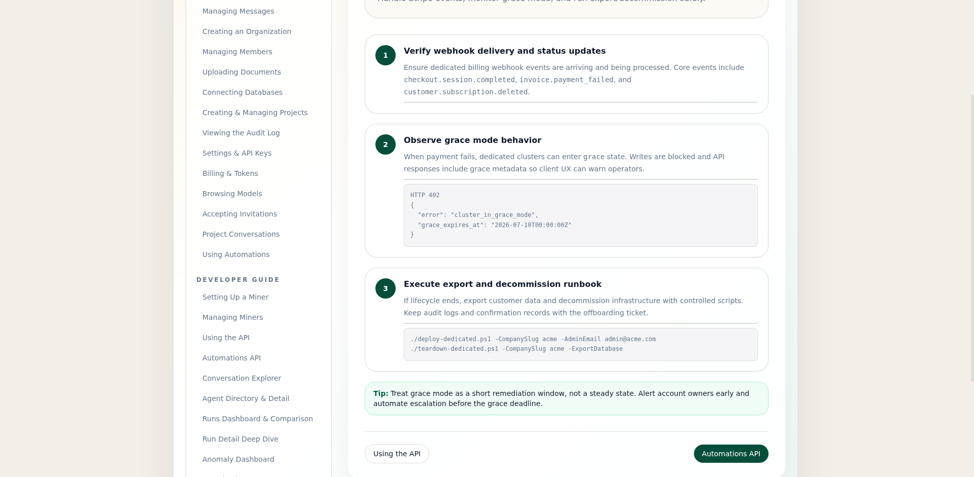 Lifecycle runbook scripts for export and decommission