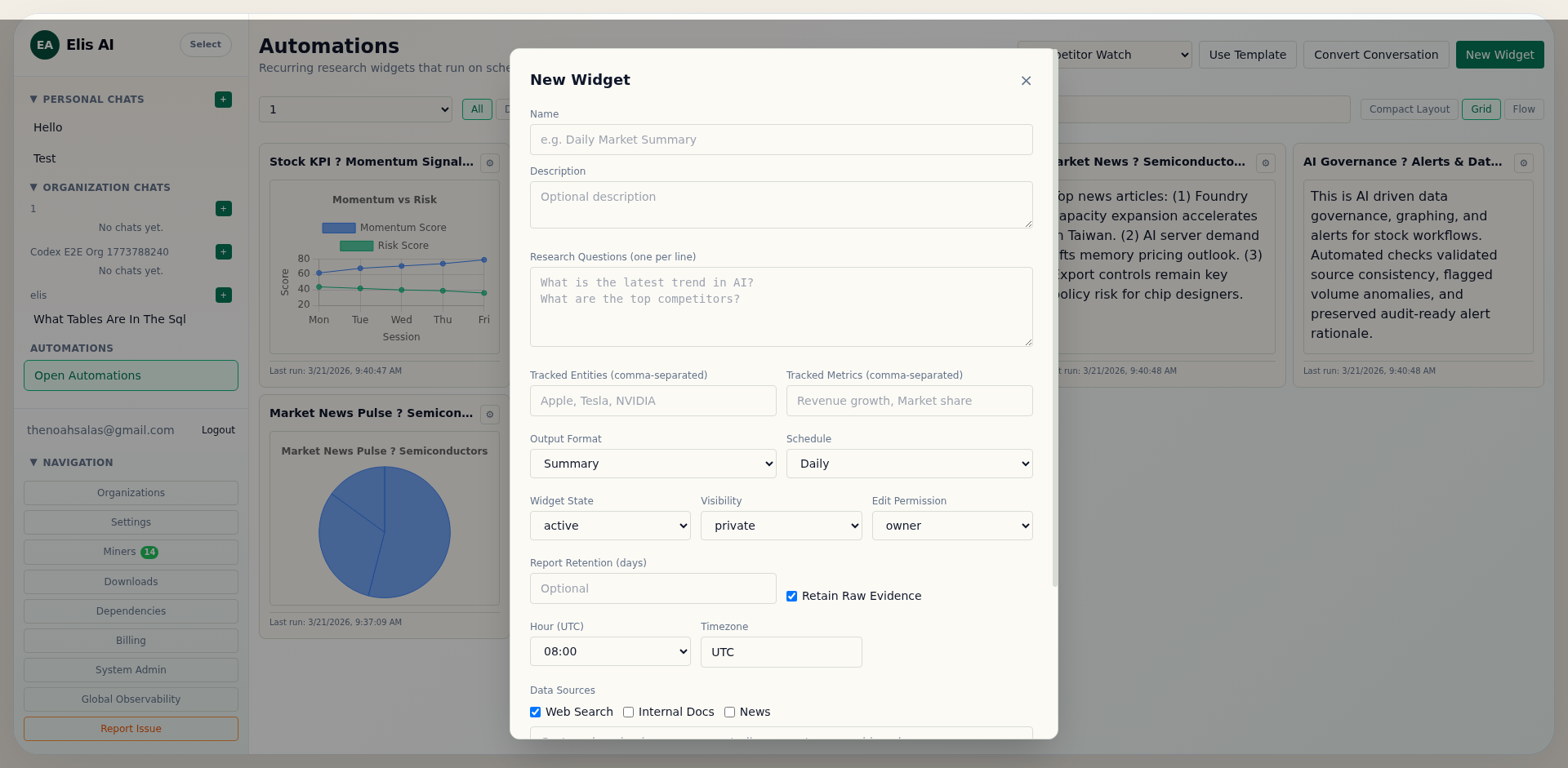 New widget form with fields for name, questions, and schedule