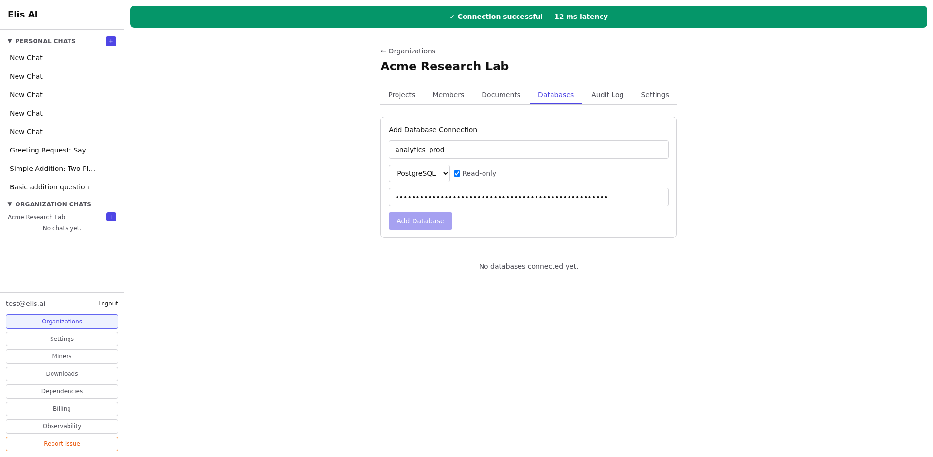 Connection test success message
