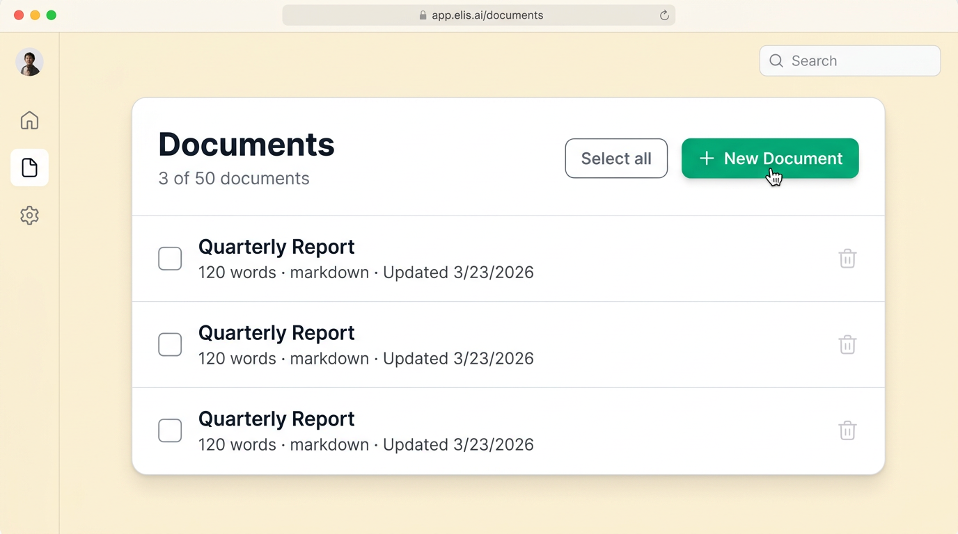 Documents list with Select all, New Document, checkboxes, and N of M subtitle