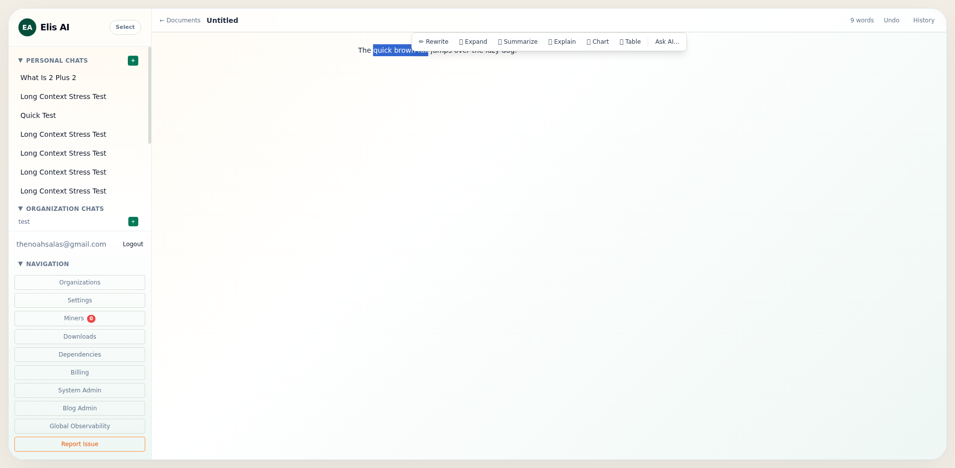 Floating toolbar above selected text with Rewrite Expand Summarize Explain Chart Table Ask AI