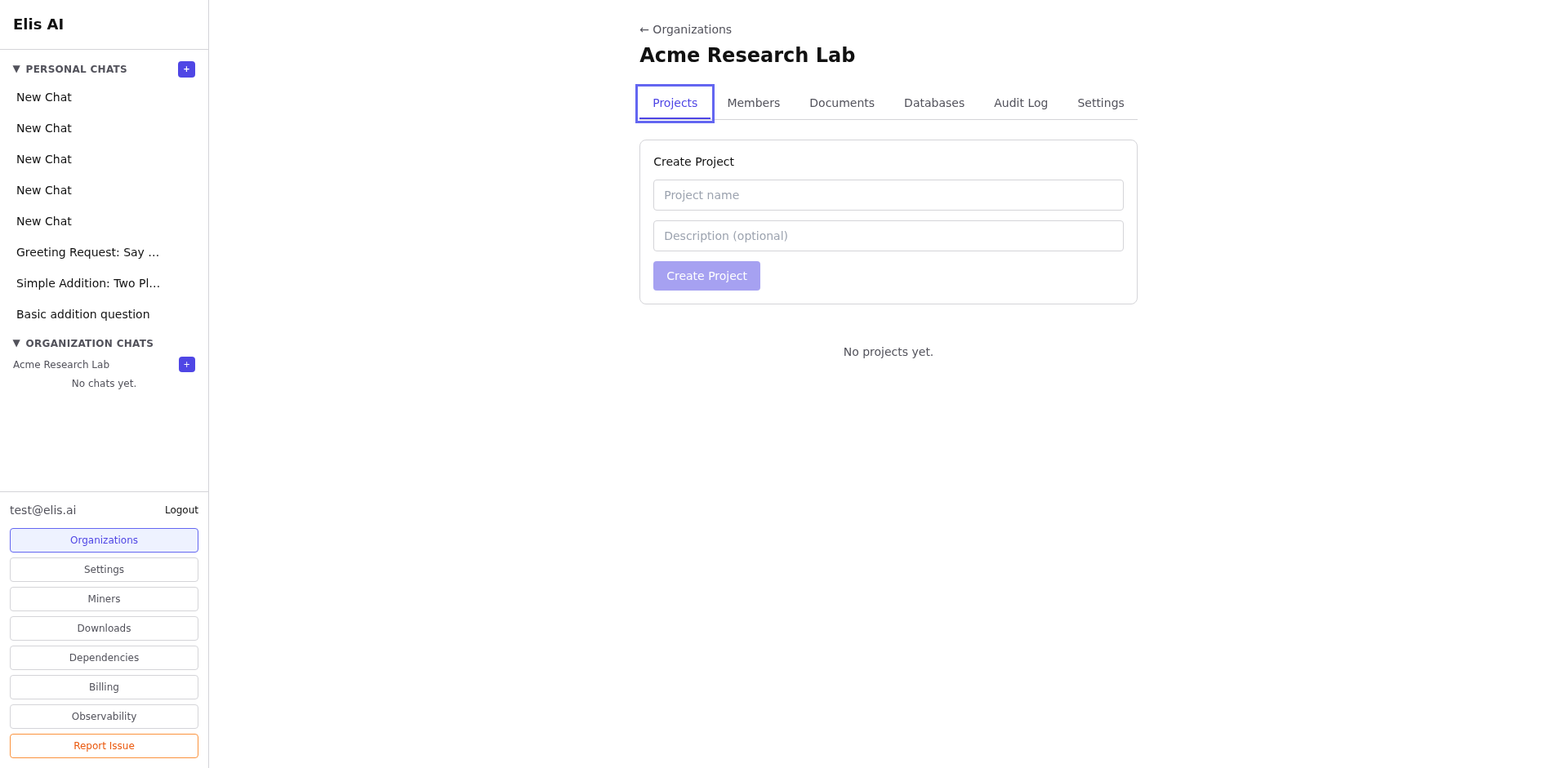 Projects tab in organization