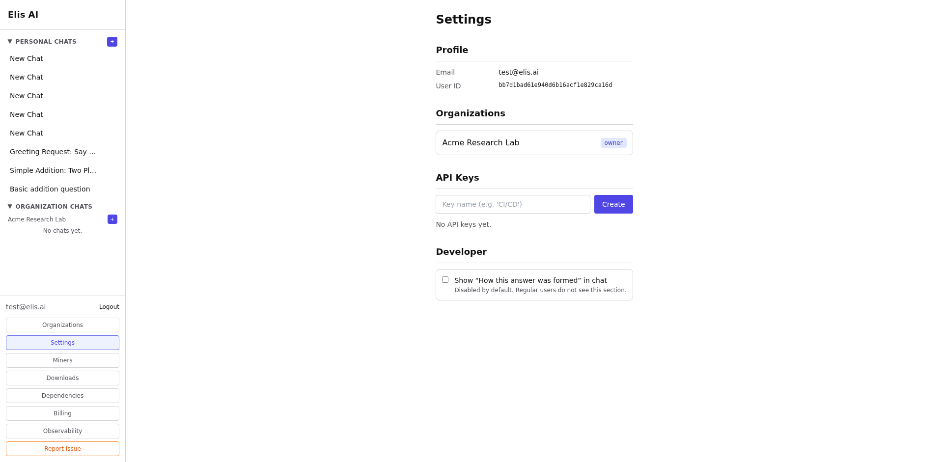 Settings page